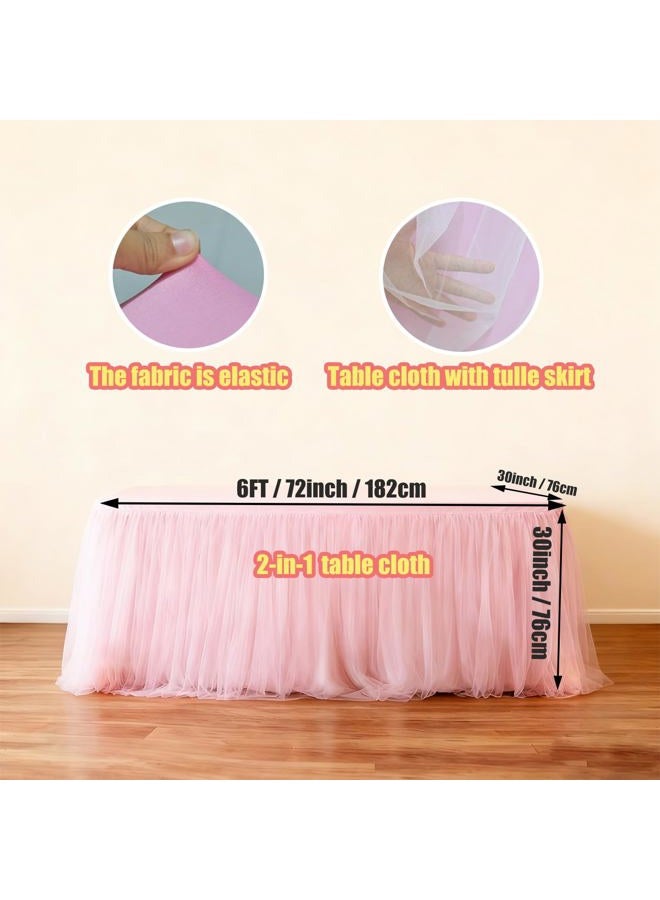 Yoquare 1-Pack Pink 2-in-1 Tulle Tablecloth for 6-Foot Rectangular Table – Stretch Fitted Table Skirt & Cover for Baby Shower, Bridal, Birthday, Princess Party - Image 2