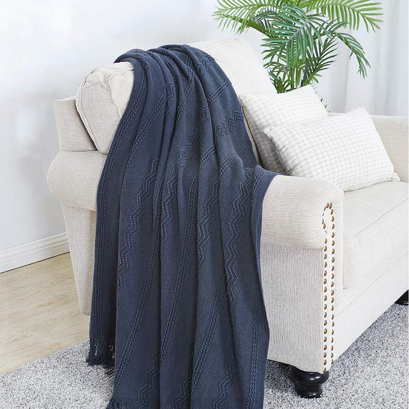 BOURINA Throw Blanket Textured Solid Soft Sofa Throw Couch Cover Knitted Decorative Blanket  60"" x 80"" Navy - Image 2