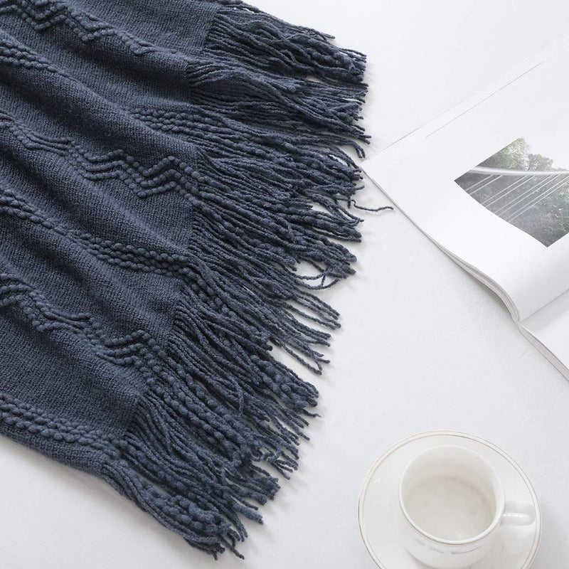 BOURINA Throw Blanket Textured Solid Soft Sofa Throw Couch Cover Knitted Decorative Blanket  60"" x 80"" Navy - Image 3