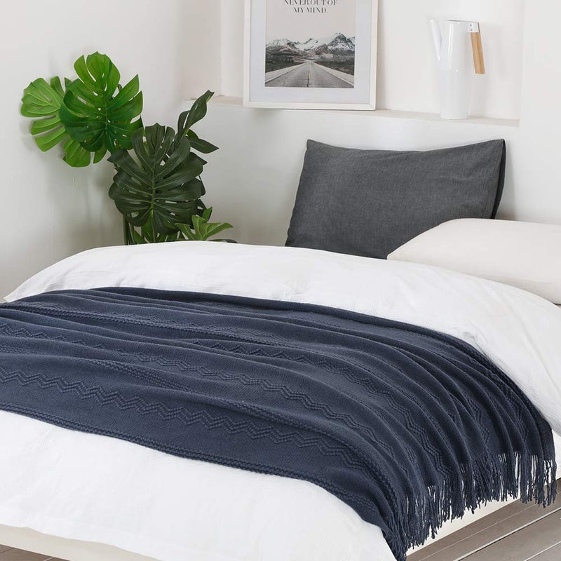 BOURINA Throw Blanket Textured Solid Soft Sofa Throw Couch Cover Knitted Decorative Blanket  60"" x 80"" Navy - Image 4