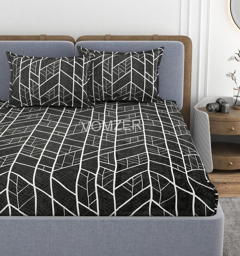 VOMZER Cotton Feel Glace Cotton Elastic Fitted Printed King Size Double Bed Bedsheet with 2 Pillow Coverm Fits Upto 8 inches Mattress,Size- 72x78x10 Inches Lines Black - Image 1