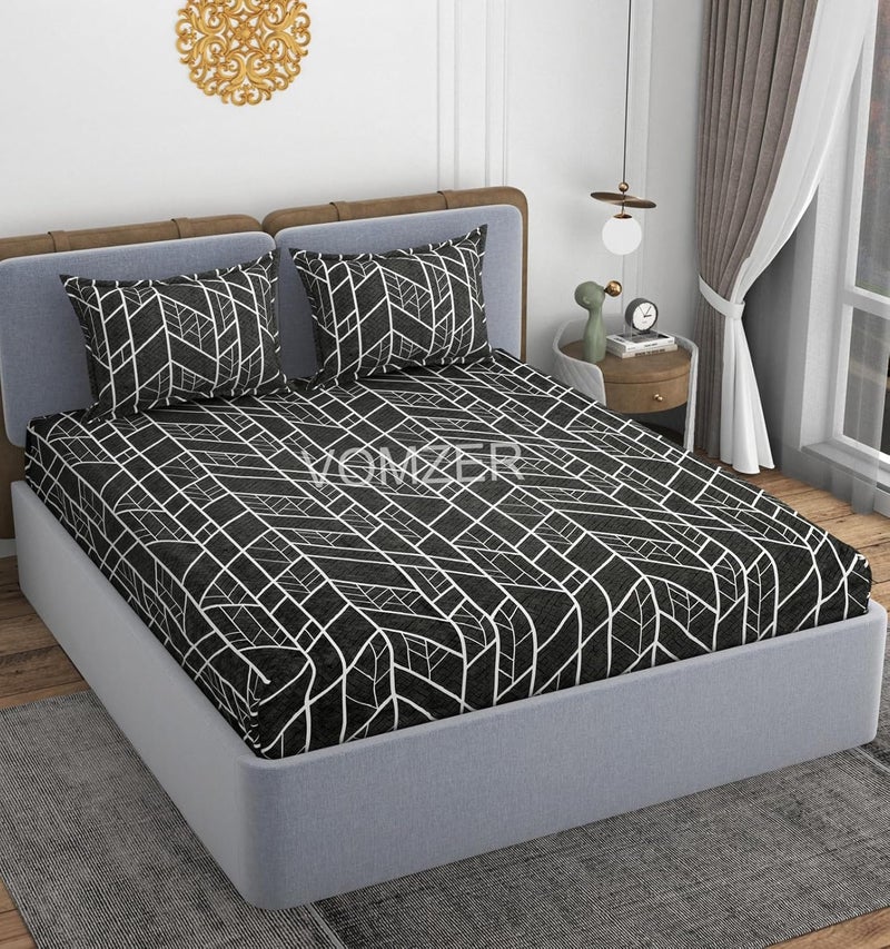 VOMZER Cotton Feel Glace Cotton Elastic Fitted Printed King Size Double Bed Bedsheet with 2 Pillow Coverm Fits Upto 8 inches Mattress,Size- 72x78x10 Inches Lines Black - Image 2