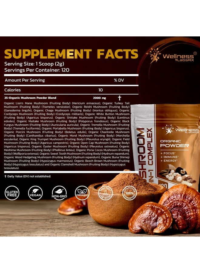 WELLNESS LABSRX Mushroom Powder, 25 in 1 Mushrooms Supplement - 2000mg, 25 Superfood Mishroom Lions Mane Powder with Chaga, Shiitake, Cordyceps, Reishi - Lion's Mane Mushroom - 120 Servings - Image 2