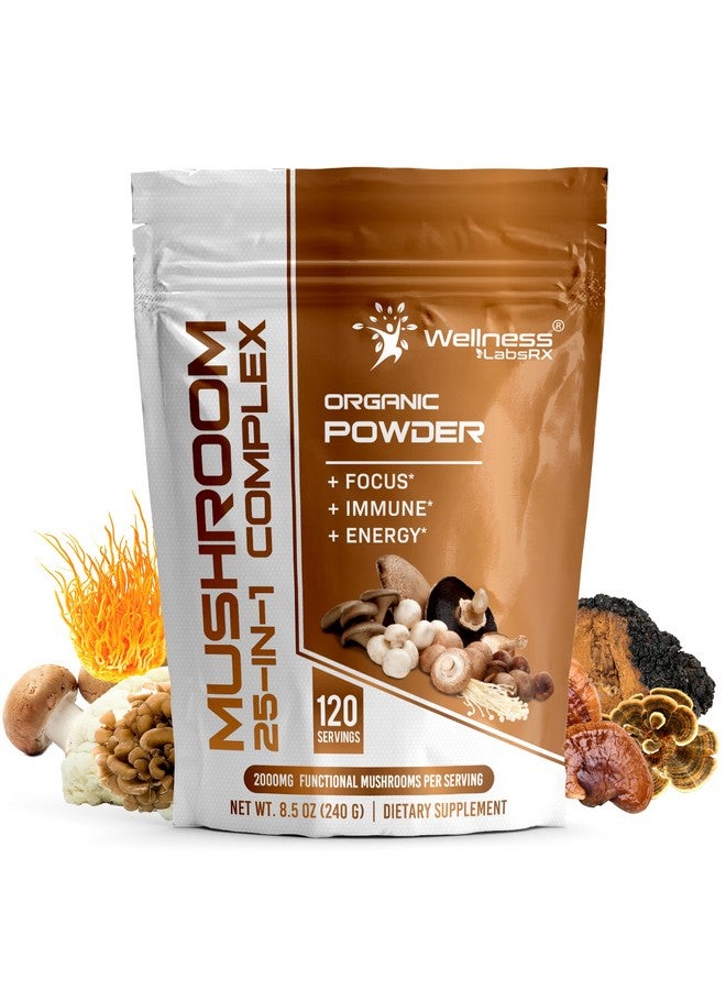 WELLNESS LABSRX Mushroom Powder, 25 in 1 Mushrooms Supplement - 2000mg, 25 Superfood Mishroom Lions Mane Powder with Chaga, Shiitake, Cordyceps, Reishi - Lion's Mane Mushroom - 120 Servings - Image 1