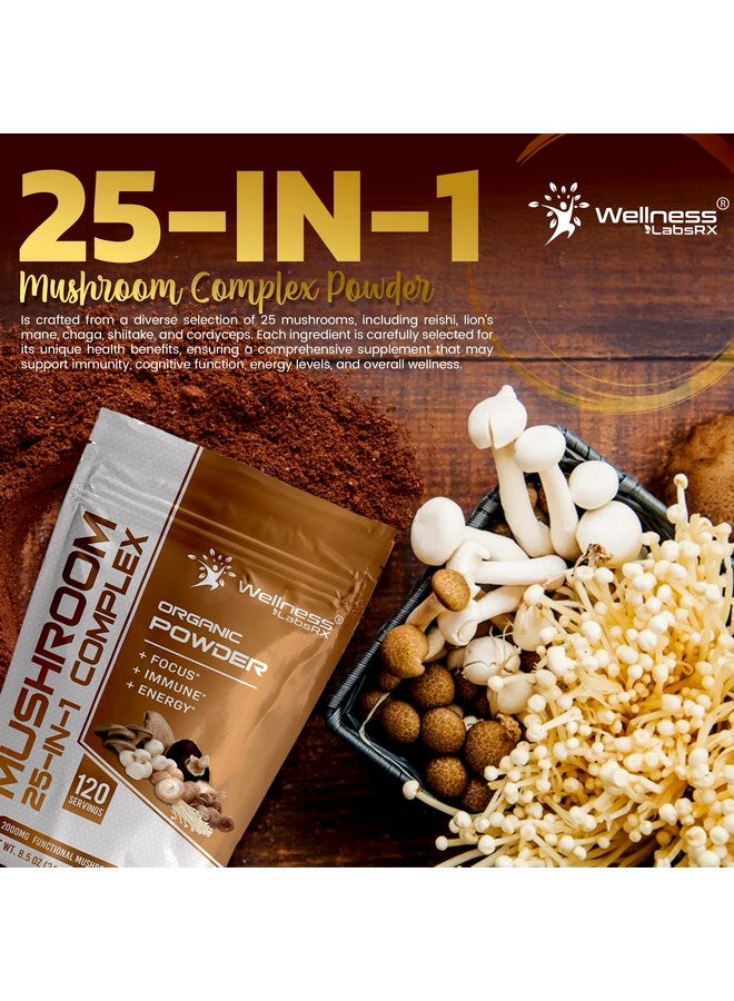 WELLNESS LABSRX Mushroom Powder, 25 in 1 Mushrooms Supplement - 2000mg, 25 Superfood Mishroom Lions Mane Powder with Chaga, Shiitake, Cordyceps, Reishi - Lion's Mane Mushroom - 120 Servings - Image 4