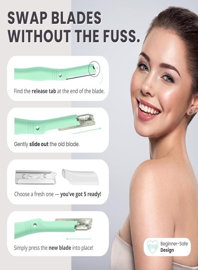 Jungle Culture Dermaplaning Tool - Facial Razor for Women with 5 Refill Blades - Reusable Eyebrow Shaper & Exfoliator - Mint Green - Image 5