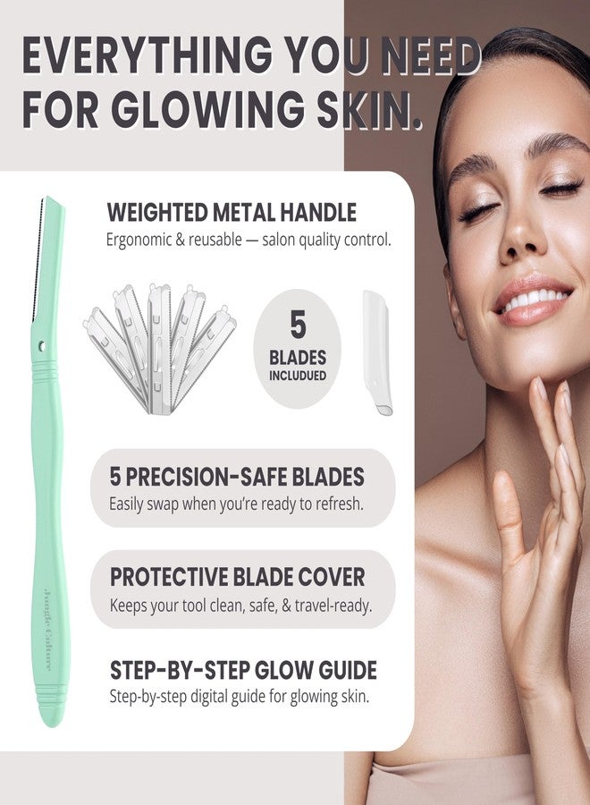 Jungle Culture Dermaplaning Tool - Facial Razor for Women with 5 Refill Blades - Reusable Eyebrow Shaper & Exfoliator - Mint Green - Image 4