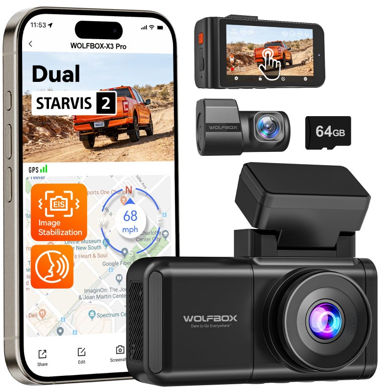 WOLFBOX X3 PRO Dash Cam Front and Rear, Dual STARVIS 2 IMX675, 1440P 60FPS+1440P ADAS Car Camera, EIS Image Stabilization with Ultra-Fast 5.8GHz WiFi, Voice Control & 3" Touch Screen, 64GB Card & GPS - Image 1