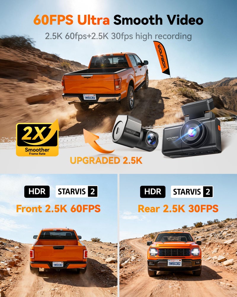 WOLFBOX X3 PRO Dash Cam Front and Rear, Dual STARVIS 2 IMX675, 1440P 60FPS+1440P ADAS Car Camera, EIS Image Stabilization with Ultra-Fast 5.8GHz WiFi, Voice Control & 3" Touch Screen, 64GB Card & GPS - Image 2
