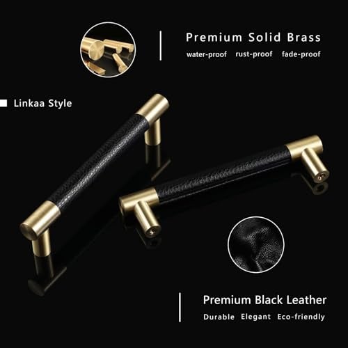 Linkaa 10 Pack丨Gold and Black Kitchen Cabinet Handle Pulls(Black Leather and Brass),5 Inch 128mm Drawer Pulls and Knobs for Cabinet Cupboard Dresser Handles (Overall Length: 6‘’，Hole Center：5‘’) - Image 3