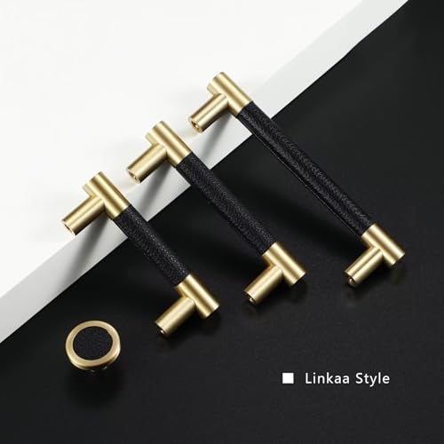 Linkaa 10 Pack丨Gold and Black Kitchen Cabinet Handle Pulls(Black Leather and Brass),5 Inch 128mm Drawer Pulls and Knobs for Cabinet Cupboard Dresser Handles (Overall Length: 6‘’，Hole Center：5‘’) - Image 2