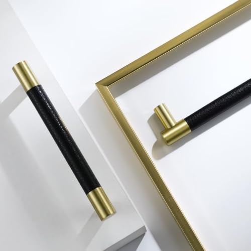 Linkaa 10 Pack丨Gold and Black Kitchen Cabinet Handle Pulls(Black Leather and Brass),5 Inch 128mm Drawer Pulls and Knobs for Cabinet Cupboard Dresser Handles (Overall Length: 6‘’，Hole Center：5‘’) - Image 1
