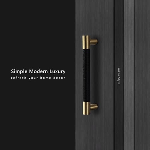 Linkaa 10 Pack丨Gold and Black Kitchen Cabinet Handle Pulls(Black Leather and Brass),5 Inch 128mm Drawer Pulls and Knobs for Cabinet Cupboard Dresser Handles (Overall Length: 6‘’，Hole Center：5‘’) - Image 4