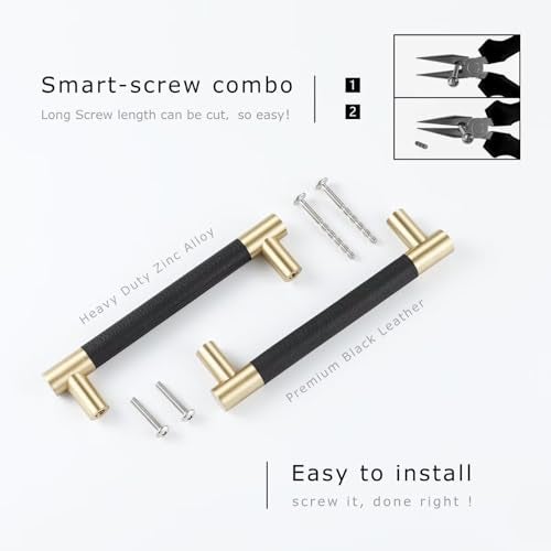 Linkaa 10 Pack丨Gold and Black Kitchen Cabinet Handle Pulls(Black Leather and Brass),5 Inch 128mm Drawer Pulls and Knobs for Cabinet Cupboard Dresser Handles (Overall Length: 6‘’，Hole Center：5‘’) - Image 5