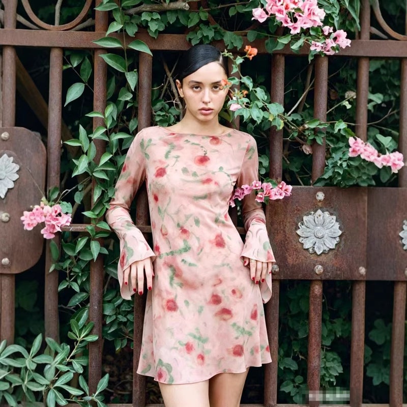 French Original Design Silk Midi Dress with Watercolor Print, Round Neck, Bell Sleeves - Image 1