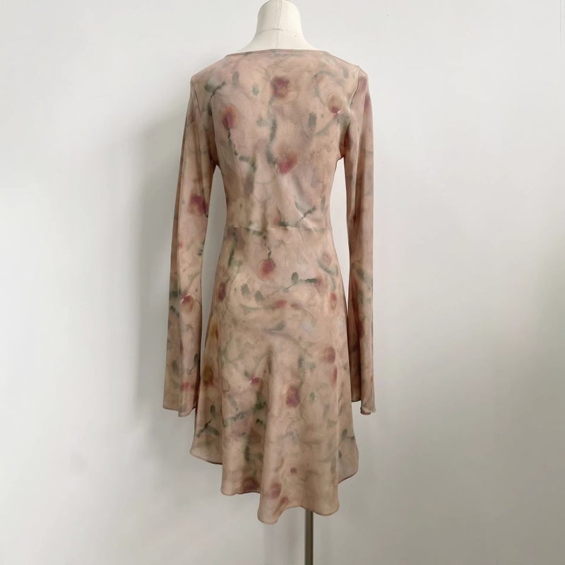 French Original Design Silk Midi Dress with Watercolor Print, Round Neck, Bell Sleeves - Image 3