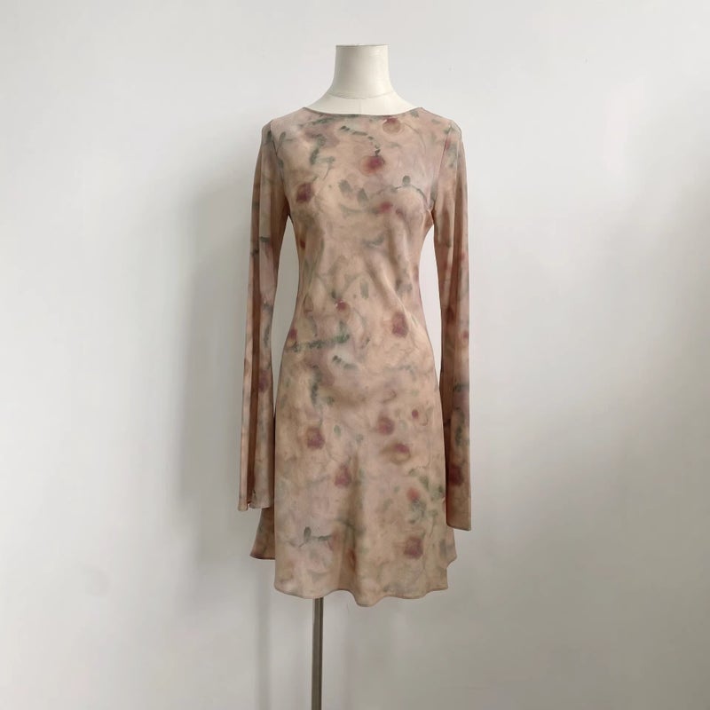 French Original Design Silk Midi Dress with Watercolor Print, Round Neck, Bell Sleeves - Image 5