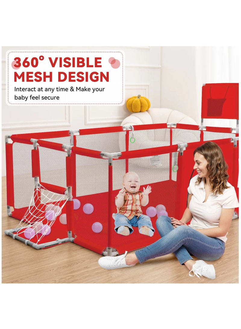 Large Playpen for Babies and Toddlers Baby Ball Pit Kids Play Pen SturdyLarge Playpen for Babies and Toddlers Baby Ball Pit Kids Play Pen Sturdy Basketball Hoop, Children's Fence Play Area, Indoor Red - Image 4