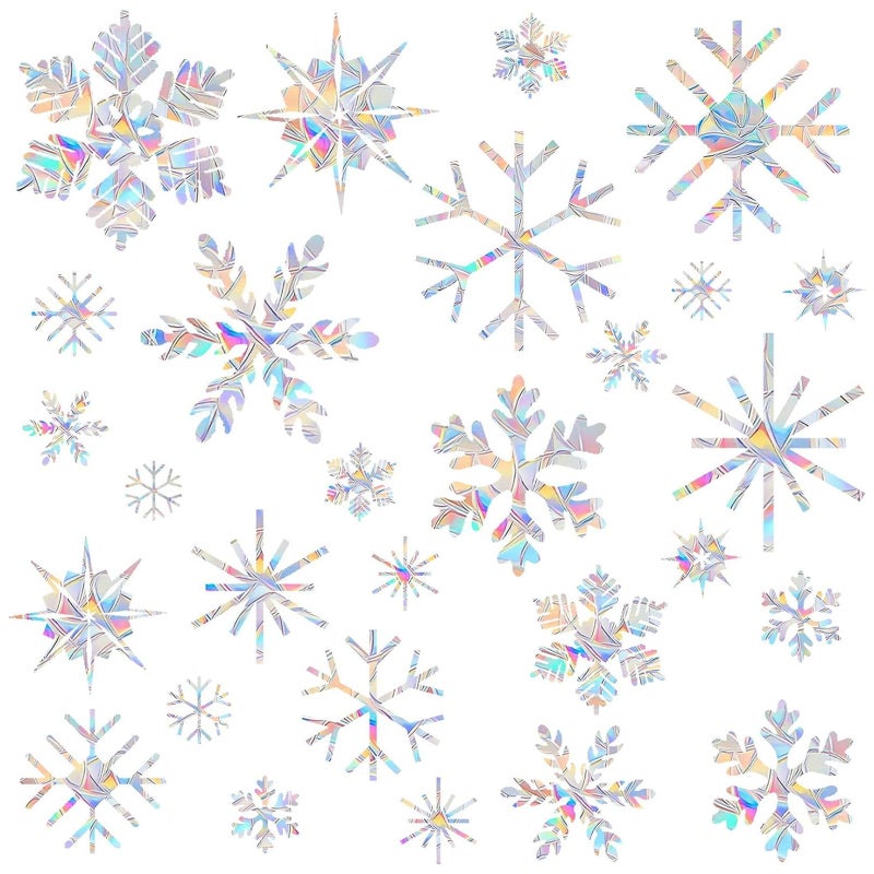 SHAWULA 36PCS Snowflake Window Stickers Anti Collision Decals to Save Birds Non Adhesive Prismatic Vinyl Rainbow Stickers