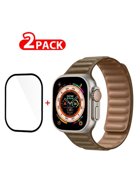 2 Packs For Apple Watch Band 49mm Leather Link Strap Magnetic Loop Bracelet and 3D Screen Protector Dark Brown