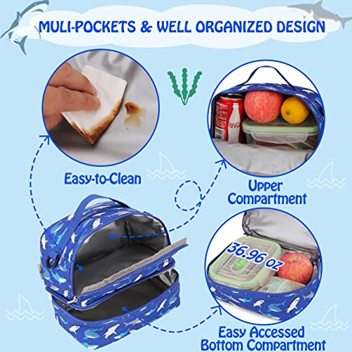 VX VONXURY Lunch Bag for Boys, Insulated Lunch Box Cute Thermal Lunch Tote Bag with Dual Compartment and Removable Shoulder Strap,Blue Shark VONXURY - Image 3