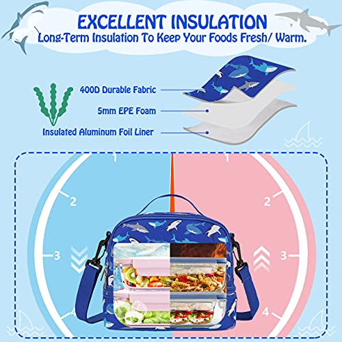 VX VONXURY Lunch Bag for Boys, Insulated Lunch Box Cute Thermal Lunch Tote Bag with Dual Compartment and Removable Shoulder Strap,Blue Shark VONXURY - Image 4