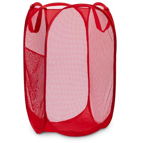 Handy Laundry Collapsible Mesh Pop Up Hamper with Wide Opening and Side Pocket - Breathable, Sturdy, Foldable, and Space-Saving Design for Clothes and Storage (Red) - Image 1