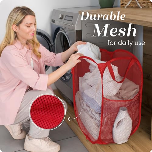 Handy Laundry Collapsible Mesh Pop Up Hamper with Wide Opening and Side Pocket - Breathable, Sturdy, Foldable, and Space-Saving Design for Clothes and Storage (Red) - Image 5