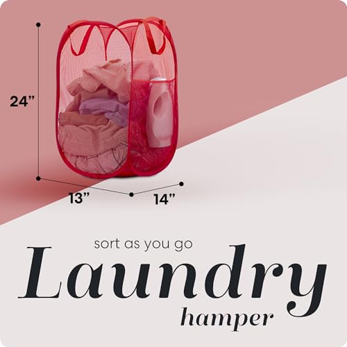 Handy Laundry Collapsible Mesh Pop Up Hamper with Wide Opening and Side Pocket - Breathable, Sturdy, Foldable, and Space-Saving Design for Clothes and Storage (Red) - Image 2
