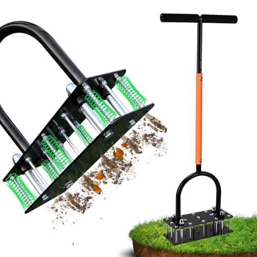 RIFPOD Lawn Aerator, Automatic Dirt and Leaf Clean Design, Heavy Duty Manual Lawn Aerator Tool with 15 Iron Spikes, Height Adjustable, Yard Grass Aerator for Lawn(Black with Orange) - Image 1