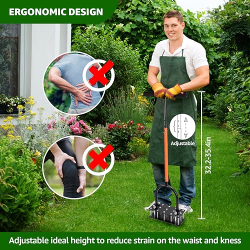 RIFPOD Lawn Aerator, Automatic Dirt and Leaf Clean Design, Heavy Duty Manual Lawn Aerator Tool with 15 Iron Spikes, Height Adjustable, Yard Grass Aerator for Lawn(Black with Orange) - Image 3