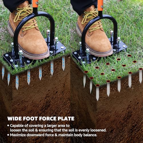 RIFPOD Lawn Aerator, Automatic Dirt and Leaf Clean Design, Heavy Duty Manual Lawn Aerator Tool with 15 Iron Spikes, Height Adjustable, Yard Grass Aerator for Lawn(Black with Orange) - Image 5