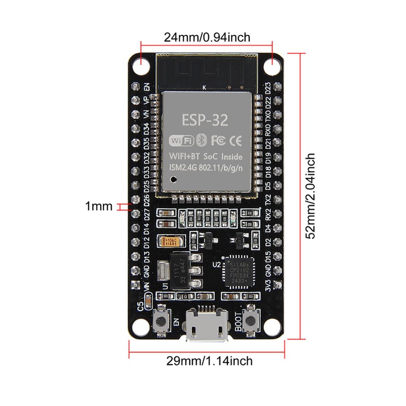 AiTrip ESP-WROOM-32 ESP32 ESP-32S Development Board 2.4GHz Dual-Mode WiFi + Bluetooth Dual Cores Microcontroller Processor Integrated with Antenna RF AMP Filter AP STA Compatible with Arduino IDE (1 PCS) - Image 2