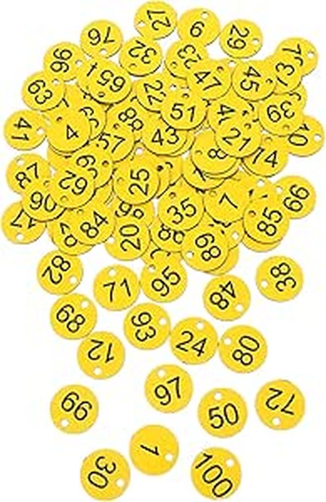 Sewroro 100 Plastic Number Key Tags Yellow Black 1-100 For Locker Office - Image 1