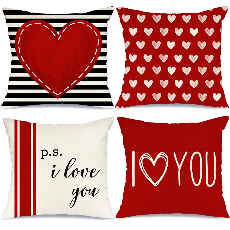 GEEORY Valentines Day Pillow Covers 18X18 inch Set of 4 for Valentines Decor Red Black Stripes Love Heart I Love You Valentines Day Throw Pillows Decorative Cushion Cases Valentine Decorations - Image 1