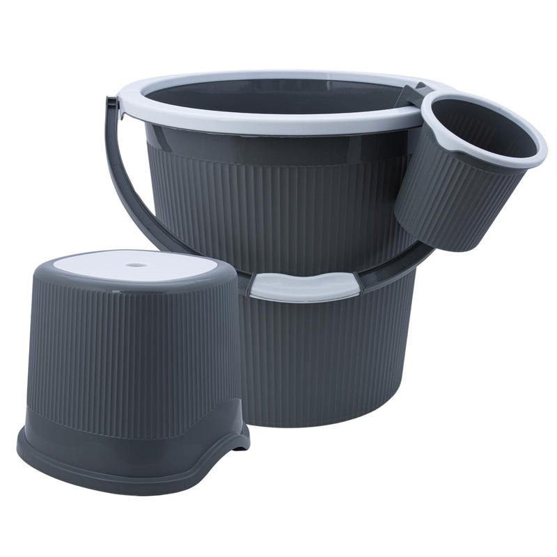 Dhwani Enterprise Dhwani Enterprise 3pc Plastic Bathroom Set Round Double Moulded Unbreakable 25 LTR Bucket 15 LTR Mug Stool Dark Grey  - Image 1