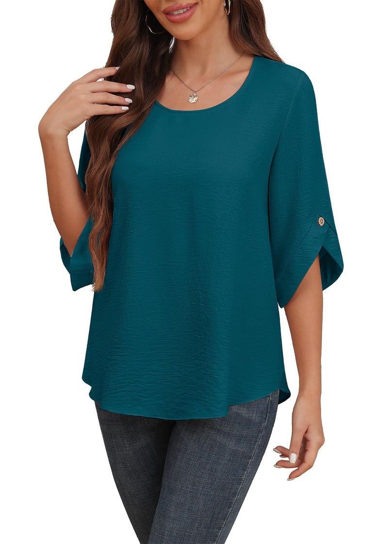 Askyes Chiffon Blouses for Women Summer Round Neck Tshirts Dressy Hide Belly Casual Cute Elegant Ladies Tops Grey Blue,XL - Image 1