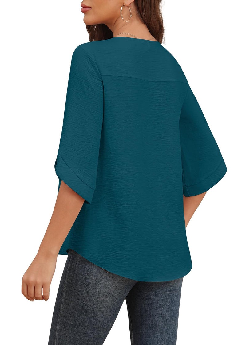 Askyes Chiffon Blouses for Women Summer Round Neck Tshirts Dressy Hide Belly Casual Cute Elegant Ladies Tops Grey Blue,XL - Image 2