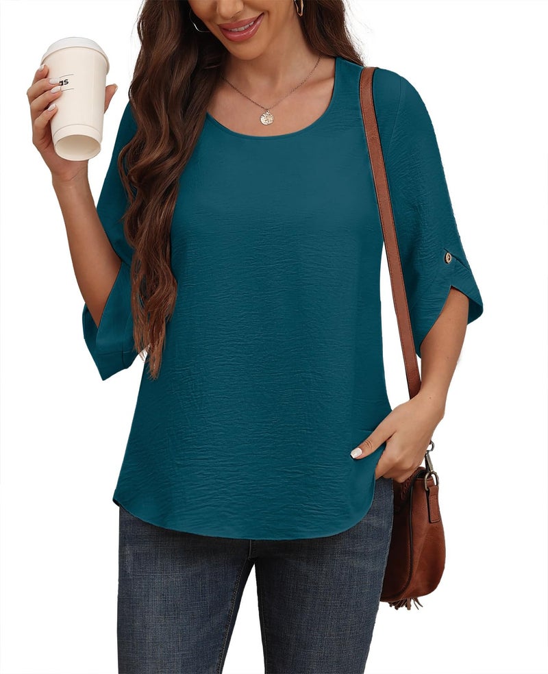 Askyes Chiffon Blouses for Women Summer Round Neck Tshirts Dressy Hide Belly Casual Cute Elegant Ladies Tops Grey Blue,XL - Image 4