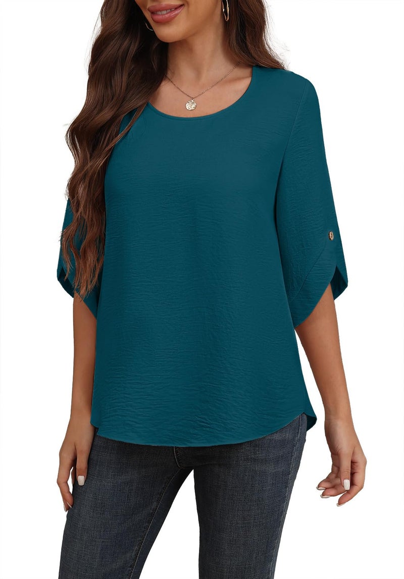 Askyes Chiffon Blouses for Women Summer Round Neck Tshirts Dressy Hide Belly Casual Cute Elegant Ladies Tops Grey Blue,XL - Image 5