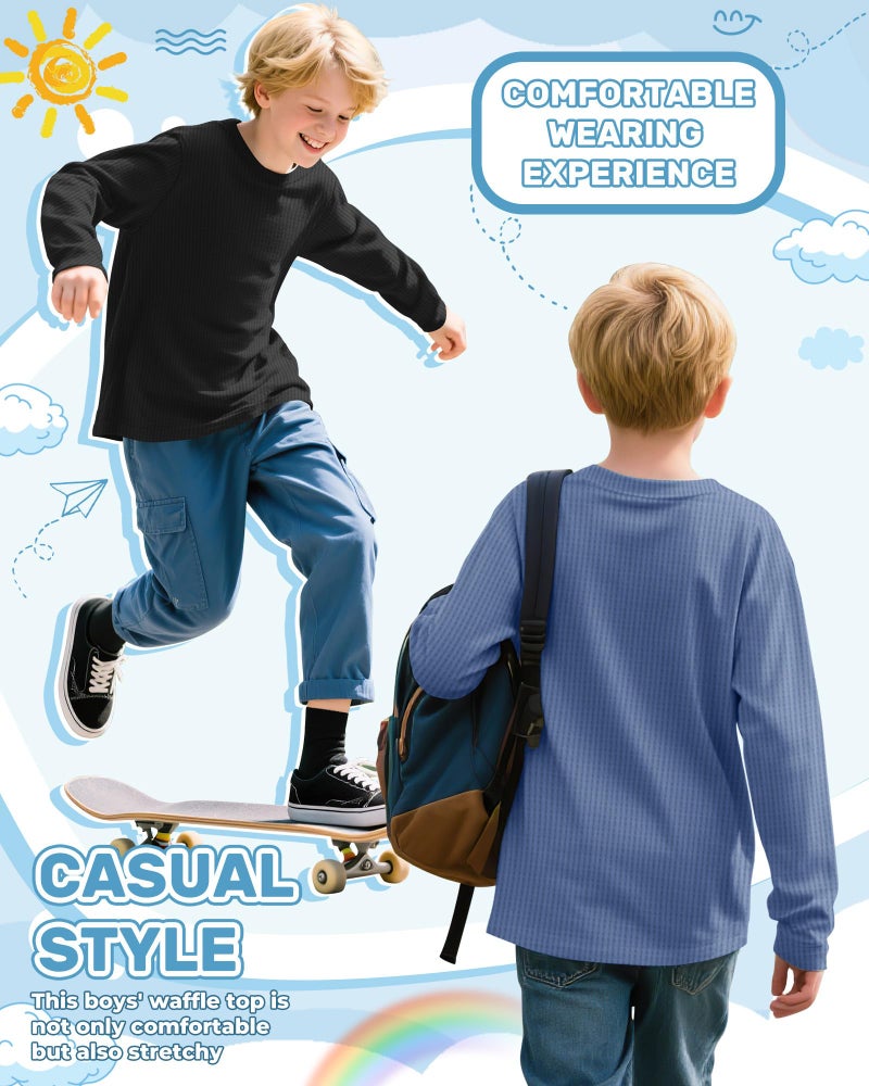 LessonZoo 3 Pack Boys Waffle Long Sleeve T-Shirts 5-14 Years Kids Thermal Crew Neck Tops Youth Fall Warm Shirts Basic Tees(Haze Blue, Gray, Black,7-8 Years) - Image 2