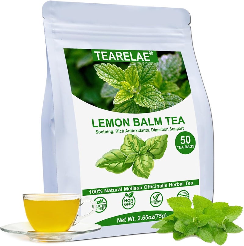TEARELAE Lemon Balm Tea Bags - 50 Count - 100% Natural Dried Lemon Balm Herb for Calming and Digestion Support - Caffeine-Free and Non-GMO - Image 1