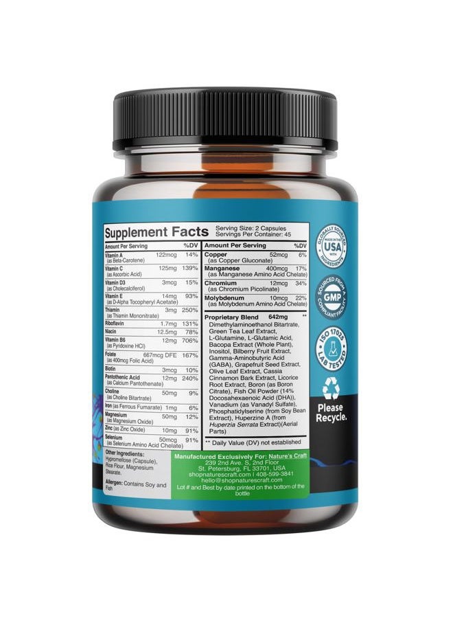 Natures Craft - Nootropic Brain Supplement for Memory and Focus Enhancement - Vitamins for Mental Health & Clarity with VIT A, B6, Riboflavin, Niacin, Thiamin & Folate - Cognitive Complex for Mind Vitality - 90 Ct - Image 1