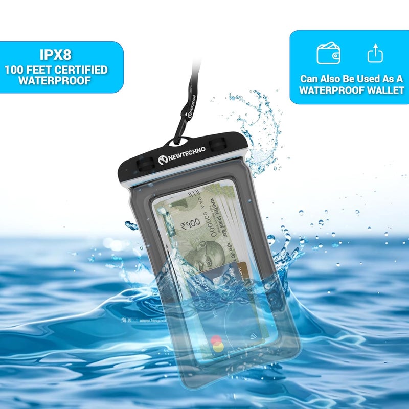 newtechno Plastic Waterproof Mobile Pouch Cover For All Mobiles, Cellphone Dry Bag Compatible For iPhone, Samsung, Mi, Redmi, Oppo, VIVO, All Other Smartphones Up To 6.9 Inches (Black)(Pack 1) - Image 2