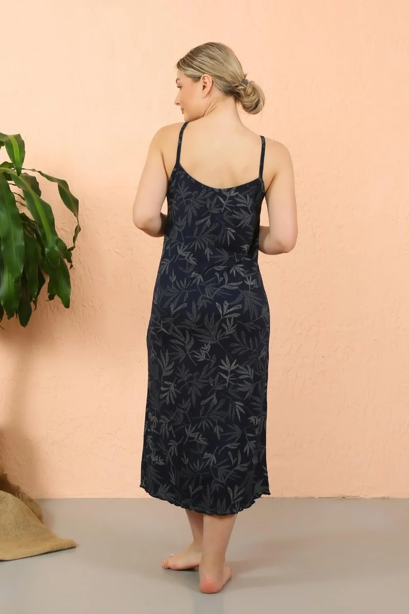 اكبينيز Women's Rope Strap Slit Long Navy Blue Nightgown 90121
