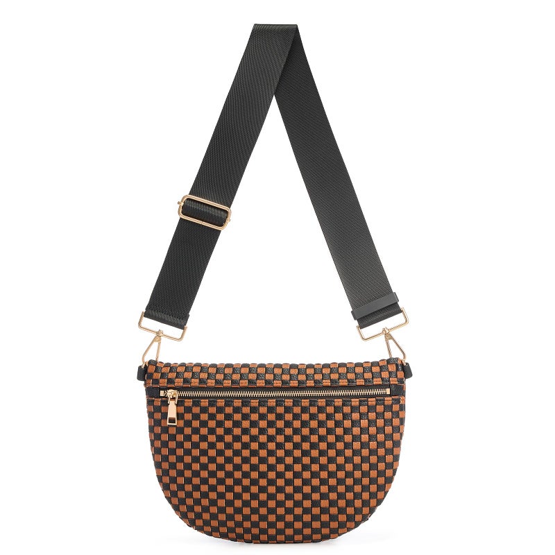 kuifang Woven Crossbody Bags For Women, Checkered Fashion PU Bum Bag Waist Pack, Travel Sling Purse with Adjustable Strapï¼ˆBlack and Brown) - Image 1