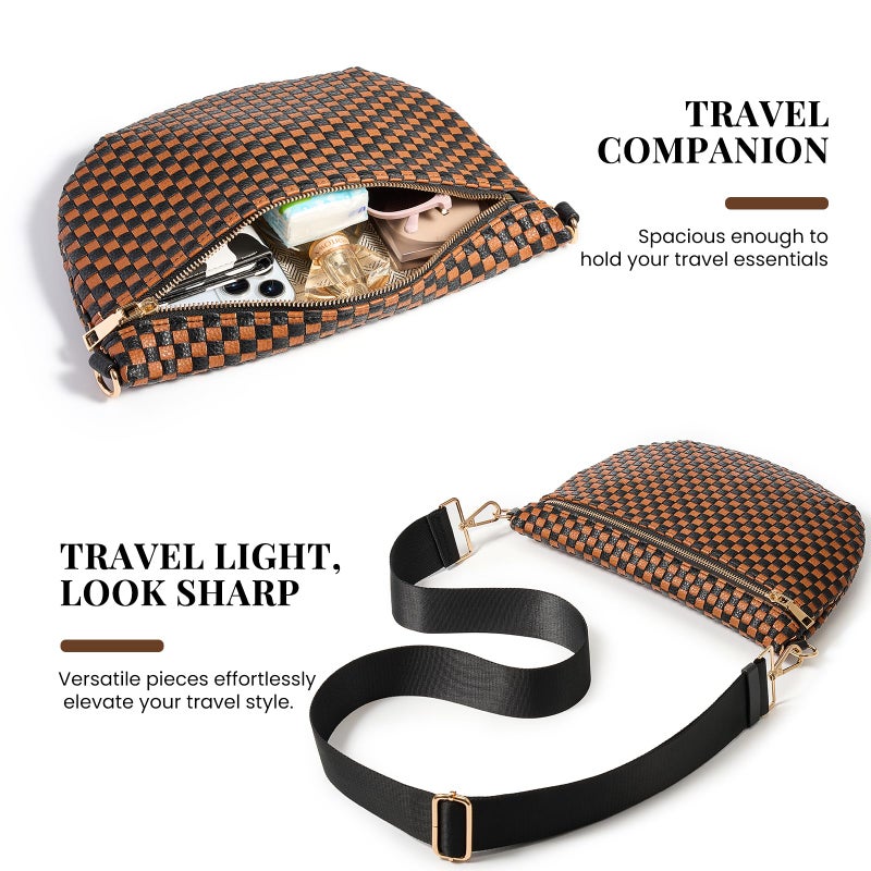 kuifang Woven Crossbody Bags For Women, Checkered Fashion PU Bum Bag Waist Pack, Travel Sling Purse with Adjustable Strapï¼ˆBlack and Brown) - Image 4