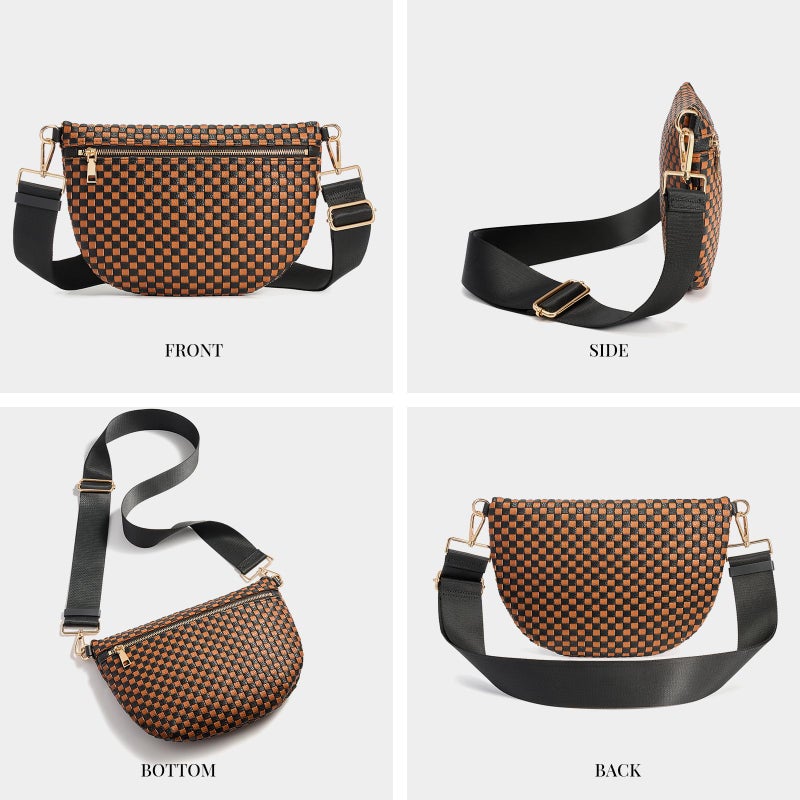 kuifang Woven Crossbody Bags For Women, Checkered Fashion PU Bum Bag Waist Pack, Travel Sling Purse with Adjustable Strapï¼ˆBlack and Brown) - Image 5