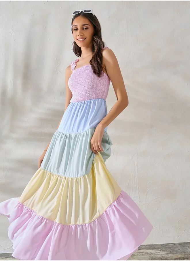 ستايلي Colorblock Smocked Tiered Maxi Dress