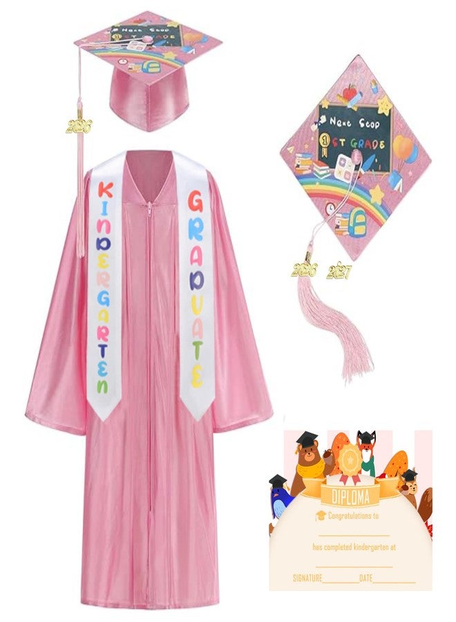 HAPNBCELE Kids Shiny Graduation Cap and Gown 6 Pcs Set Printed Style with 2026 2027 Tassel, CertificateKindergarten & Preschool Ceremony Gifts for Boys Girls (Pink, 27) - Image 1